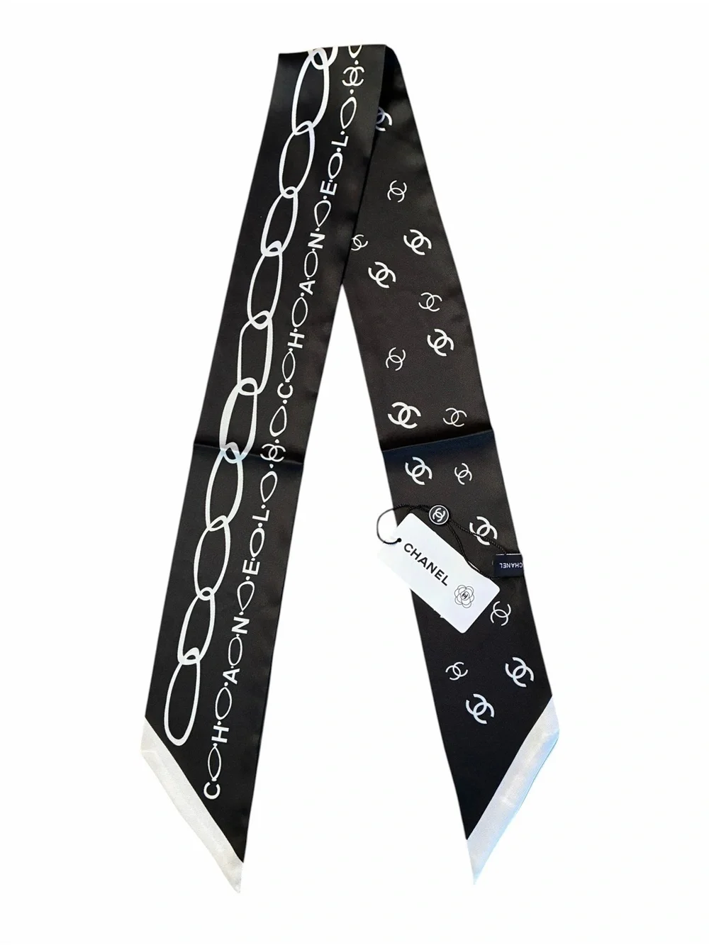 ChaneI. Black and Ivory Logo Twilly, Hair, Muffler Scarf 100% Silk